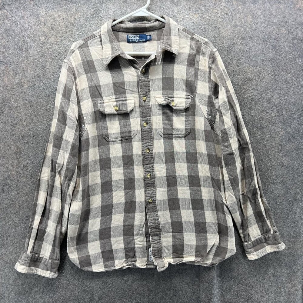 Vintage Polo Ralph Lauren Shirt Men Large Gray Plaid Flannel Button Front Vented